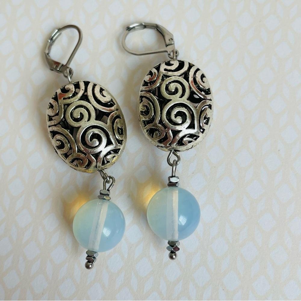 Artisan Opalite Glass Filigree Silver Tone Drop Chunky Pierced Earrings